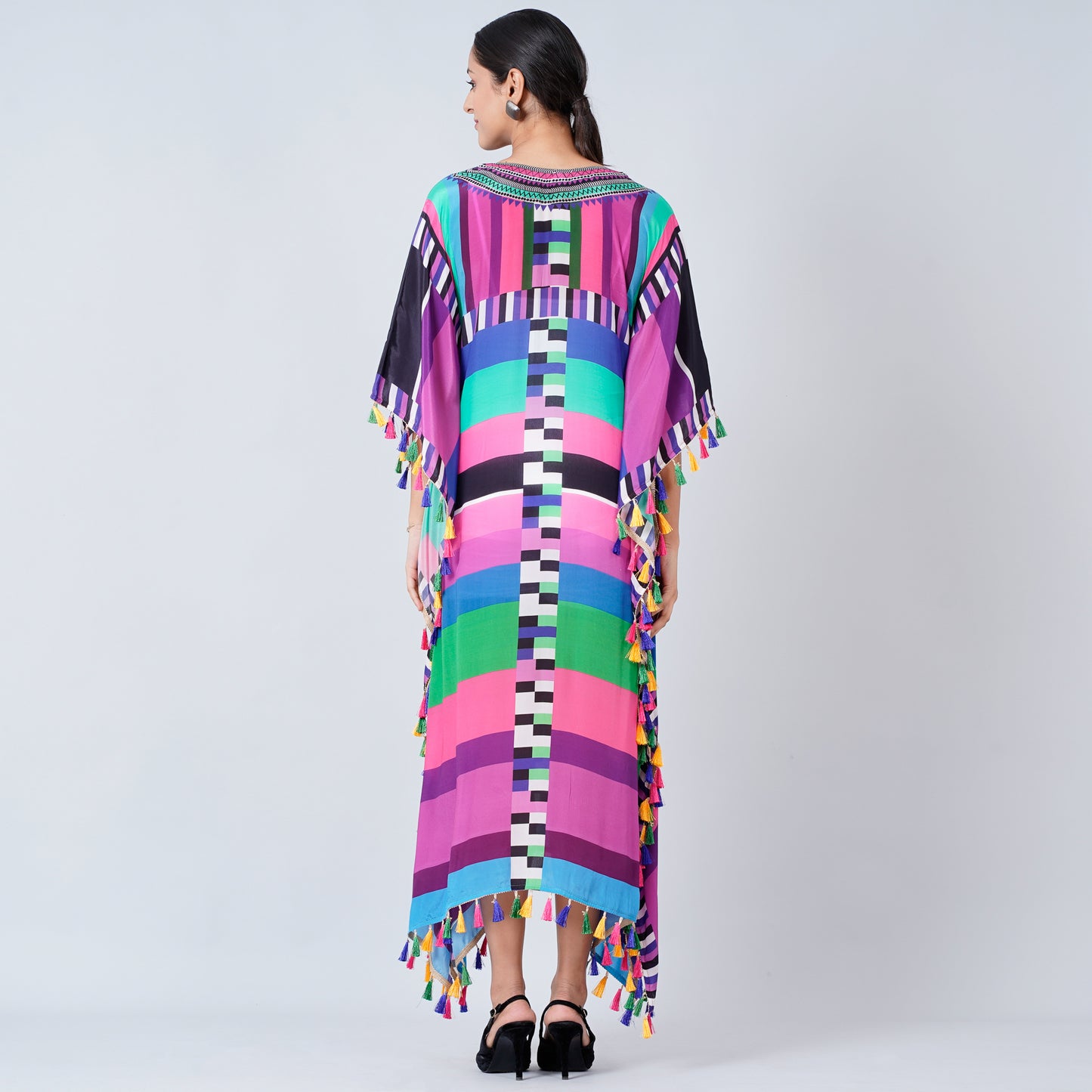 Purple and Green Geometric Mid Length Kaftan with Lace