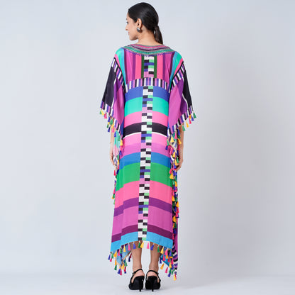 Purple and Green Geometric Mid Length Kaftan with Lace