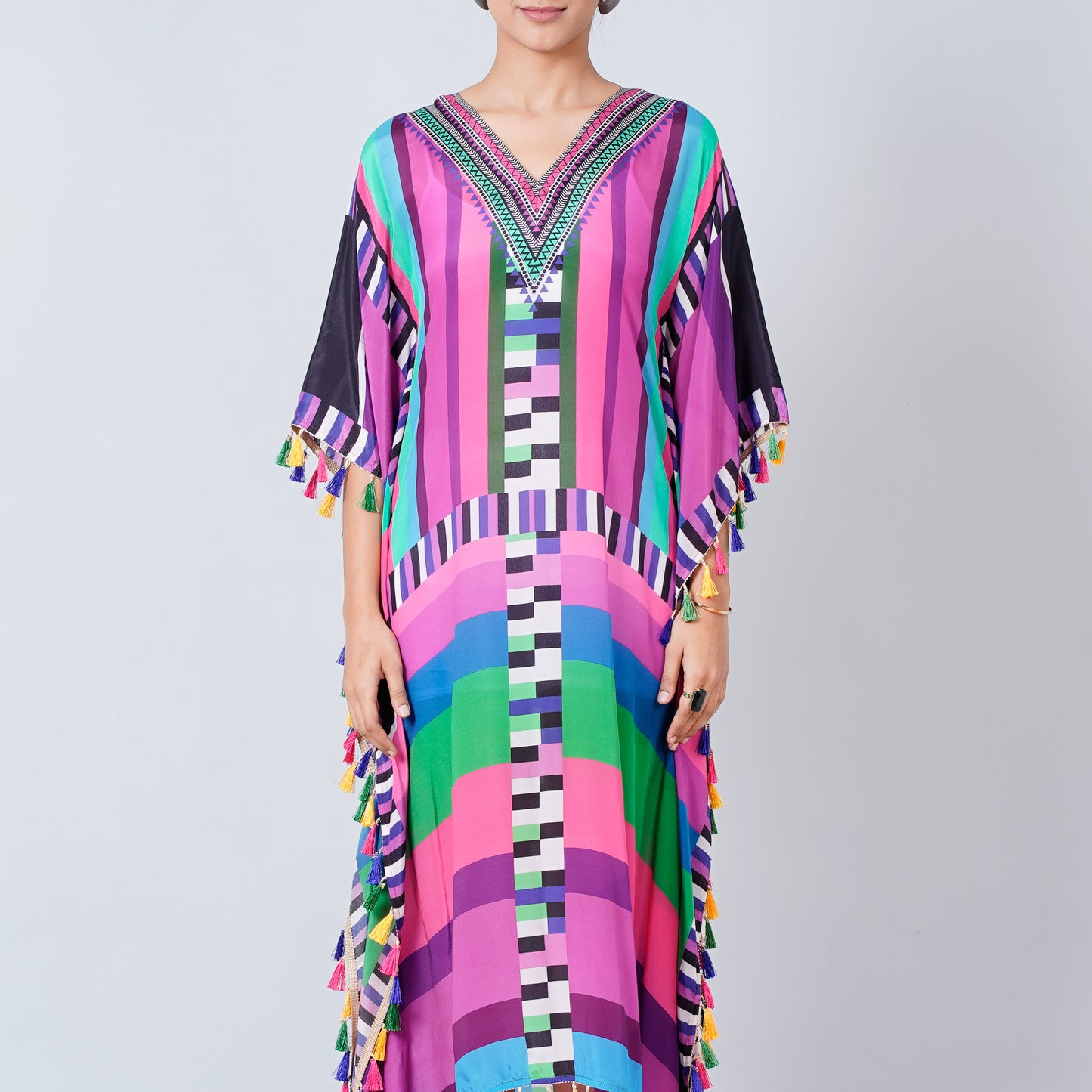 Purple and Green Geometric Mid Length Kaftan with Lace