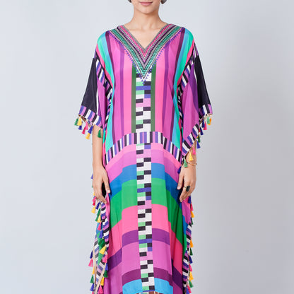 Purple and Green Geometric Mid Length Kaftan with Lace