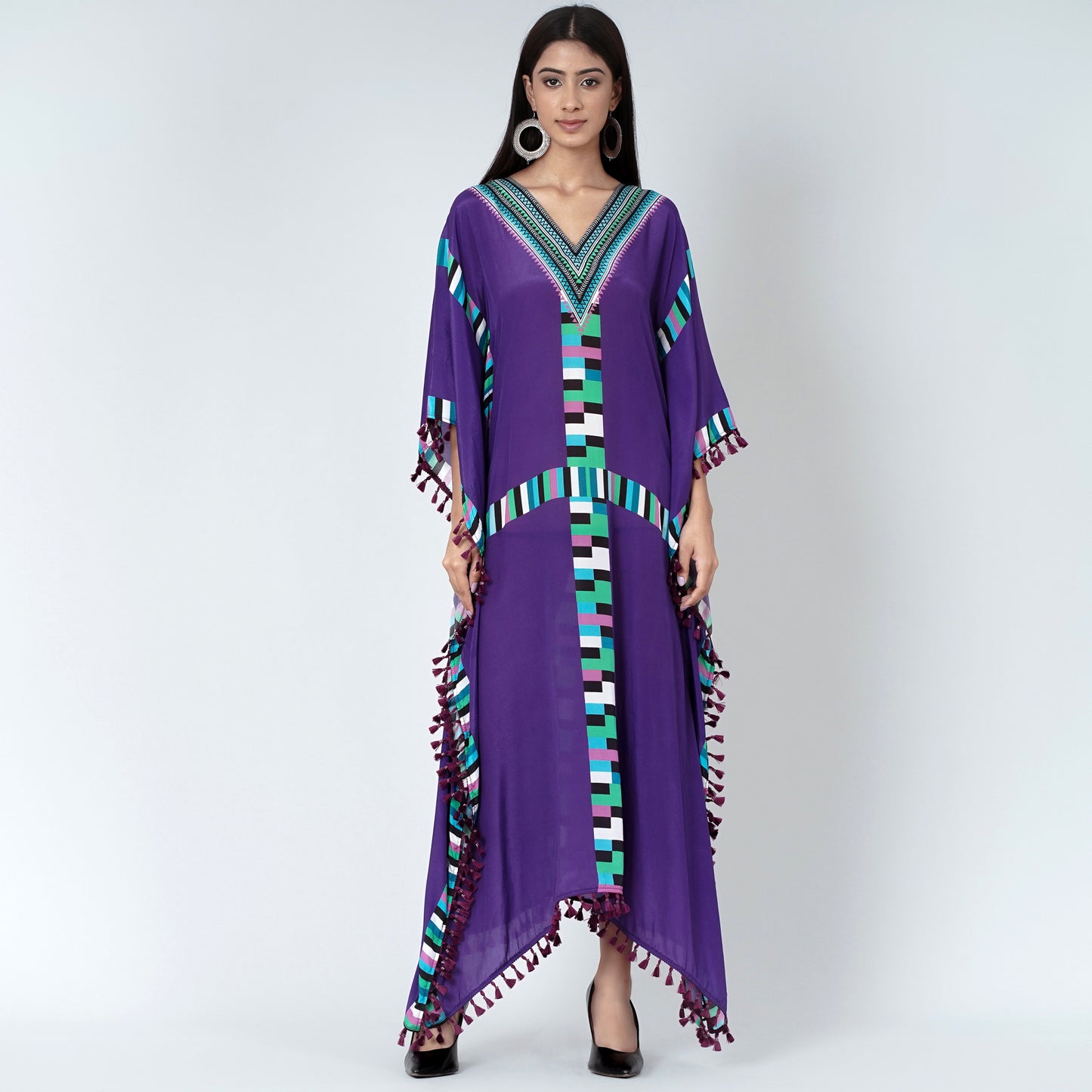 Purple Geometric Mid Length Kaftan with Lace