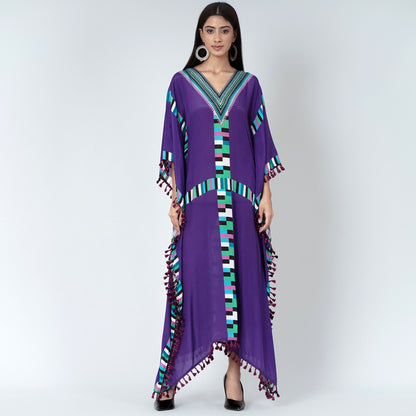 Purple Geometric Mid Length Kaftan with Lace