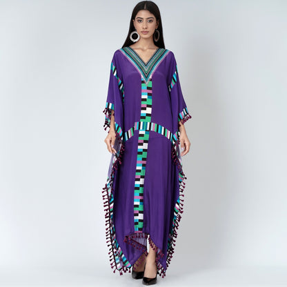 Purple Geometric Mid Length Kaftan with Lace