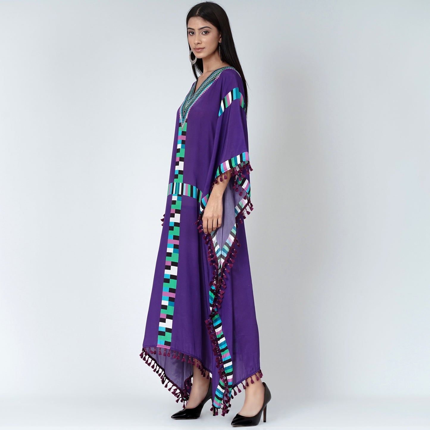 Purple Geometric Mid Length Kaftan with Lace
