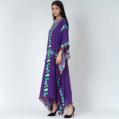 Purple Geometric Mid Length Kaftan with Lace