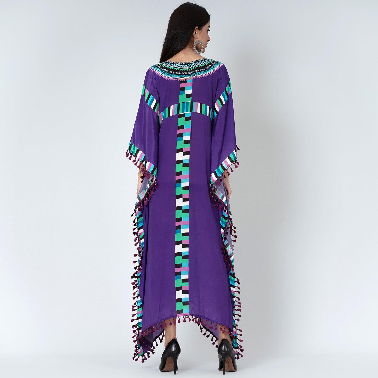 Purple Geometric Mid Length Kaftan with Lace