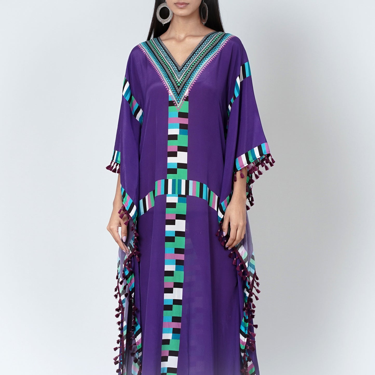 Purple Geometric Mid Length Kaftan with Lace