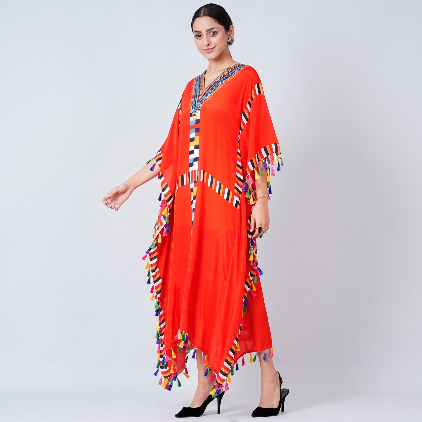 Red Geometric Mid Length Kaftan with Lace