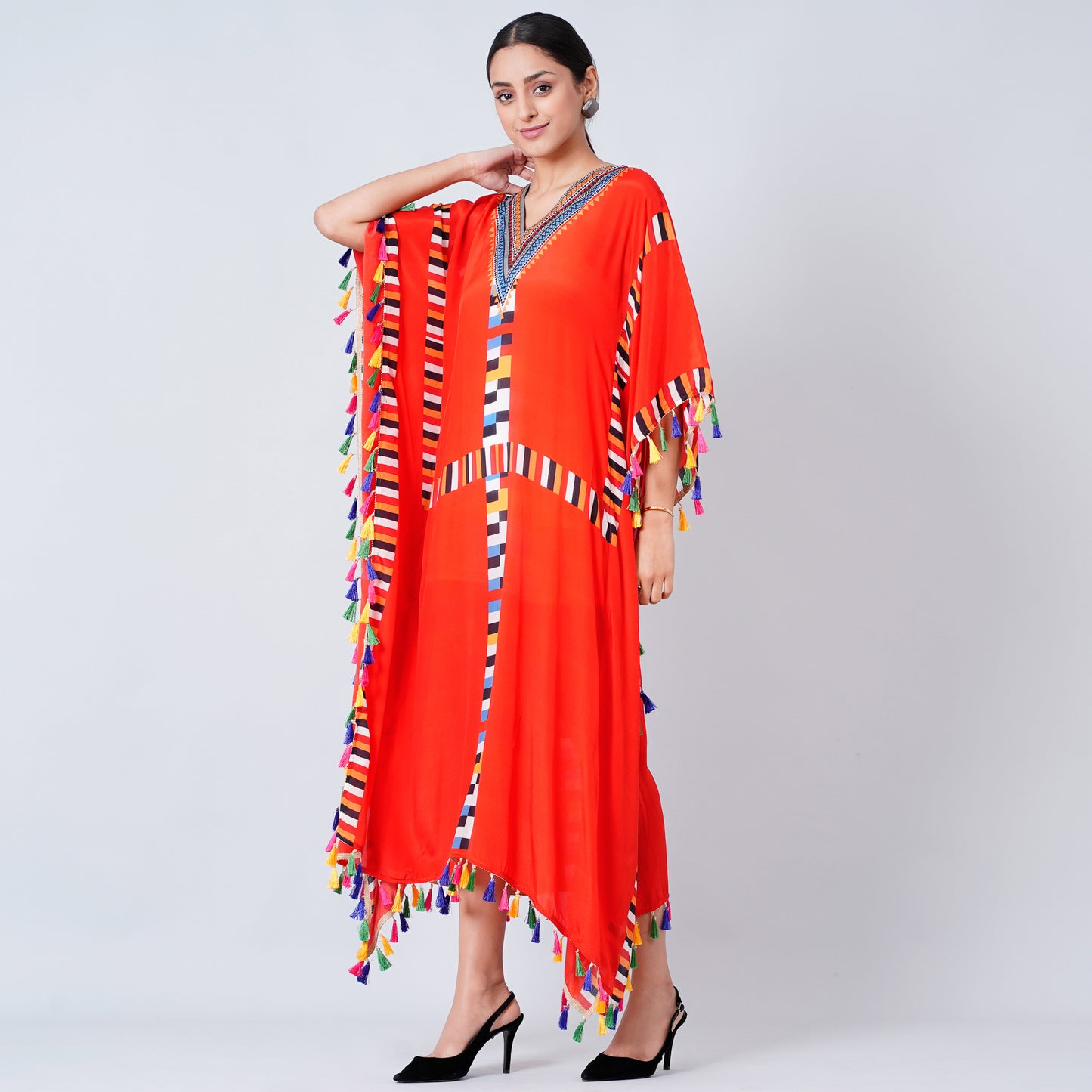 Red Geometric Mid Length Kaftan with Lace