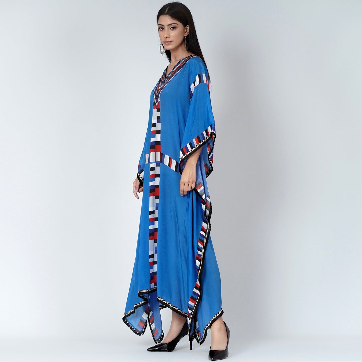 Royal Blue Geometric Mid Length Kaftan with Lace
