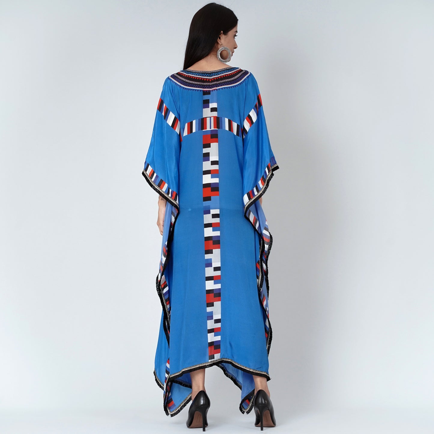 Royal Blue Geometric Mid Length Kaftan with Lace