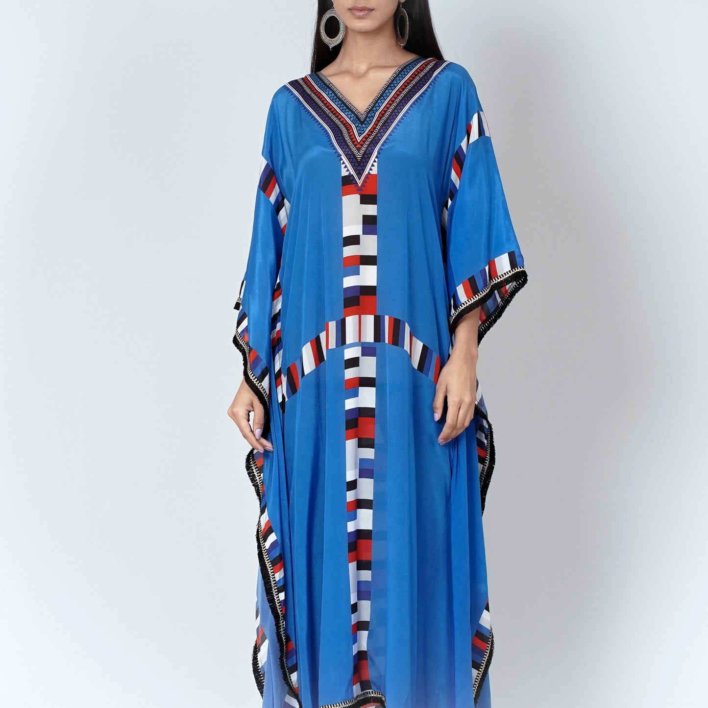 Royal Blue Geometric Mid Length Kaftan with Lace