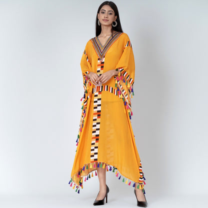 Yellow Geometric Mid Length Kaftan with Lace