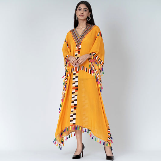 Yellow Geometric Mid Length Kaftan with Lace