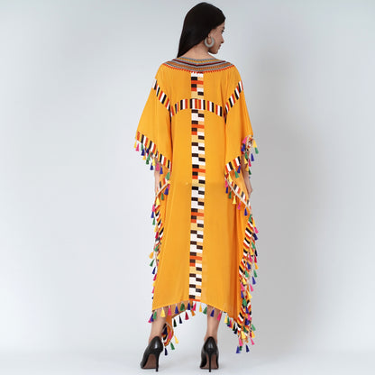 Yellow Geometric Mid Length Kaftan with Lace