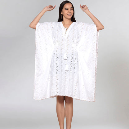 White Neck-Tie Eyelet Mid Length Kaftan