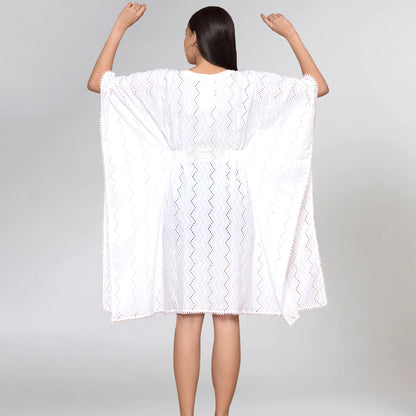 White Neck-Tie Eyelet Mid Length Kaftan