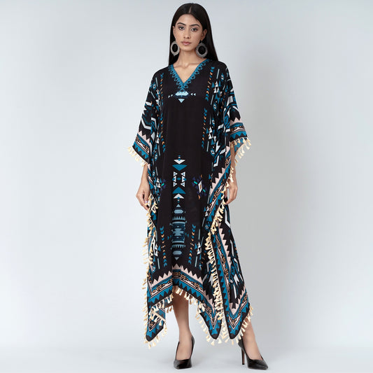 Black and Blue Aztec Mid Length Kaftan