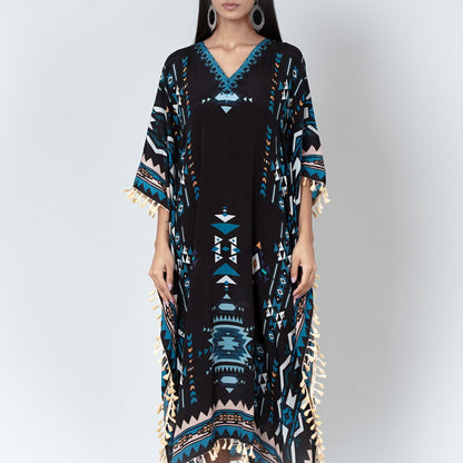 Black and Blue Aztec Mid Length Kaftan
