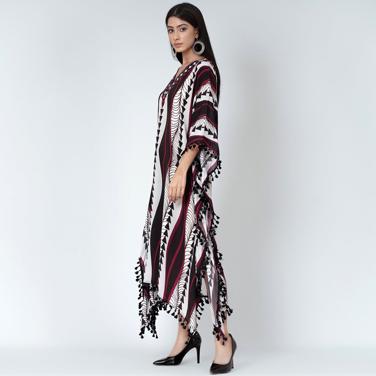 Black and Maroon Geometric Swirl Mid Length Kaftan