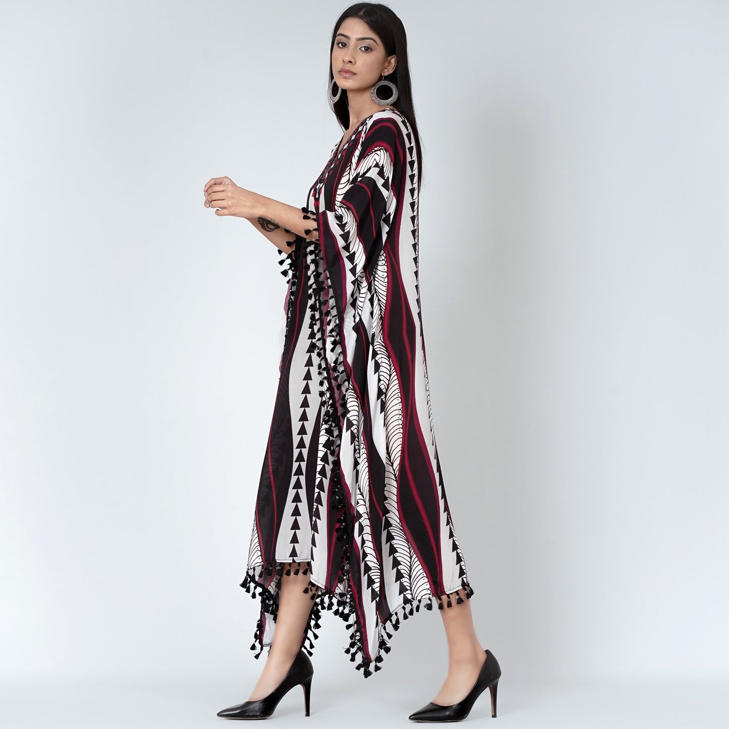 Black and Maroon Geometric Swirl Mid Length Kaftan