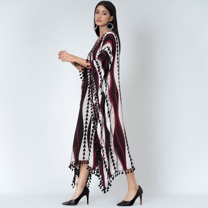 Black and Maroon Geometric Swirl Mid Length Kaftan