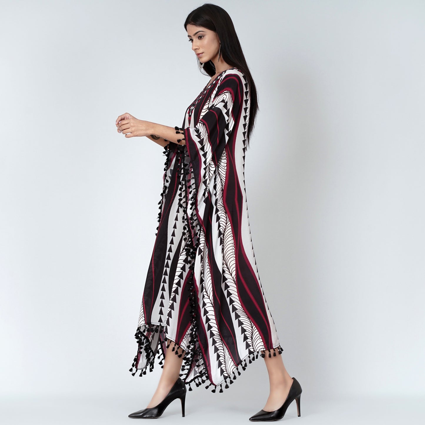 Black and Maroon Geometric Swirl Mid Length Kaftan