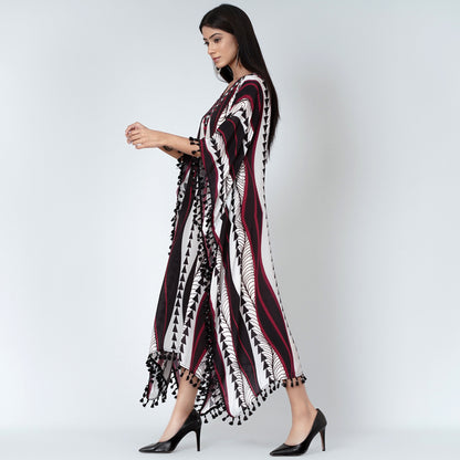 Black and Maroon Geometric Swirl Mid Length Kaftan