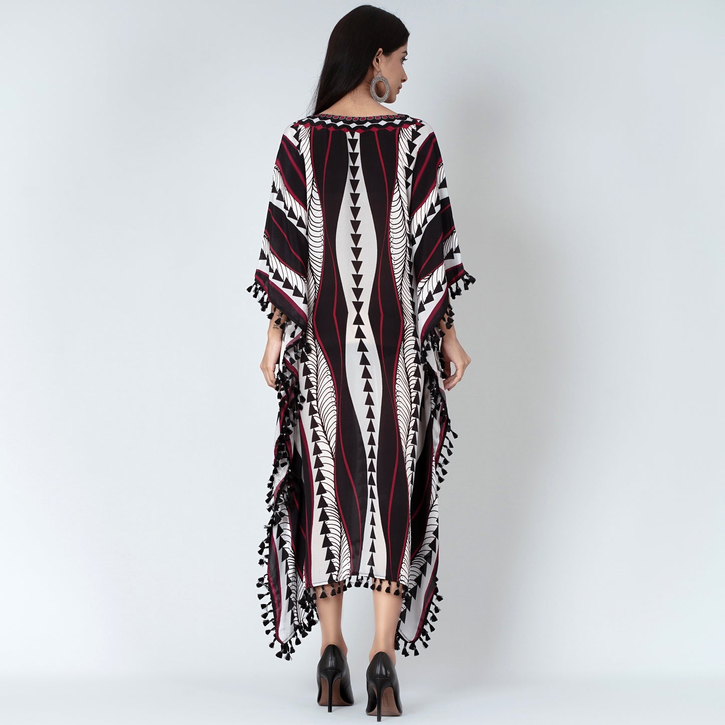 Black and Maroon Geometric Swirl Mid Length Kaftan