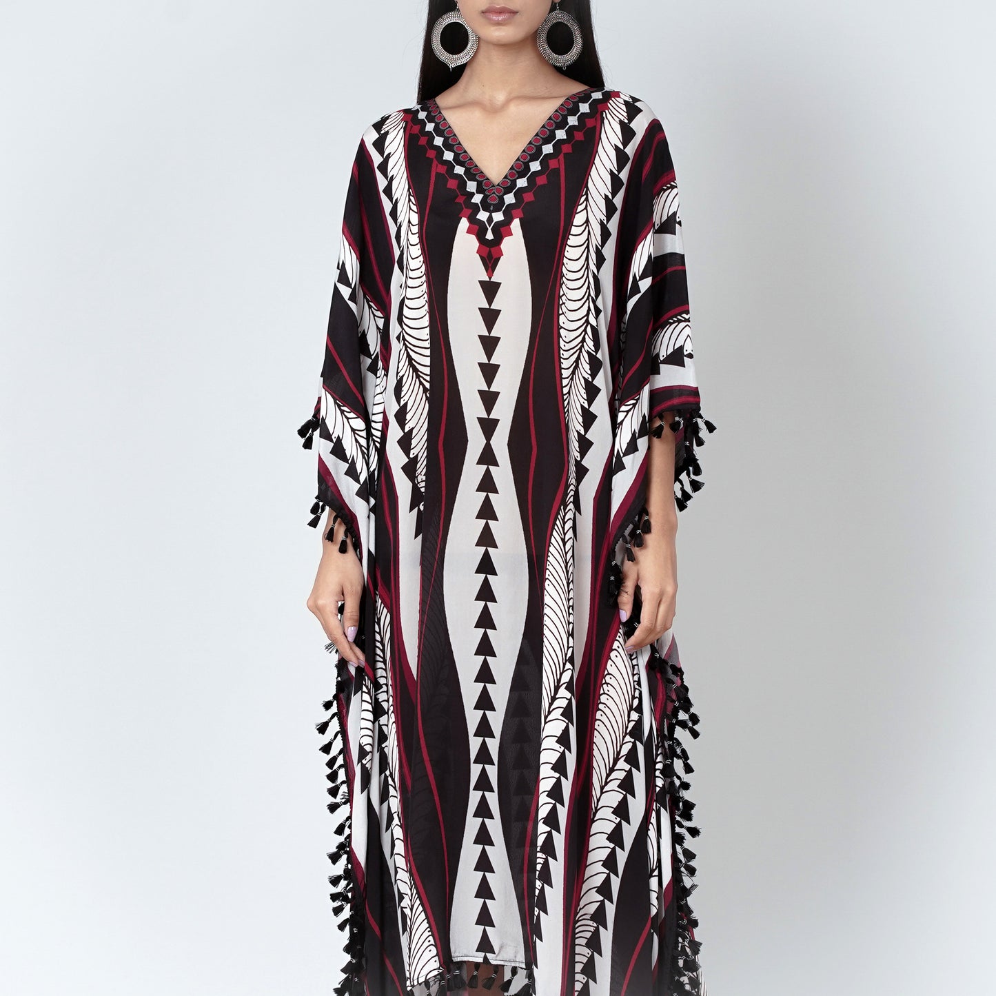Black and Maroon Geometric Swirl Mid Length Kaftan