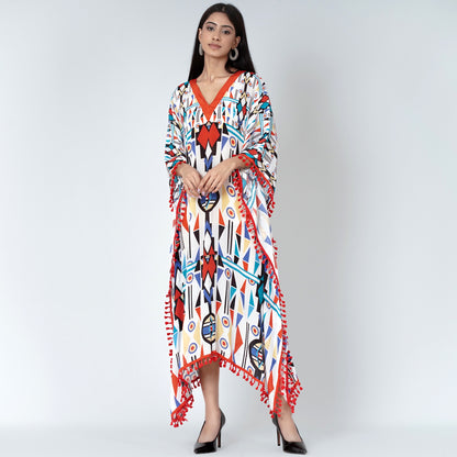 White and Orange Modern Geometric Mid Length Kaftan