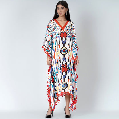 White and Orange Modern Geometric Mid Length Kaftan