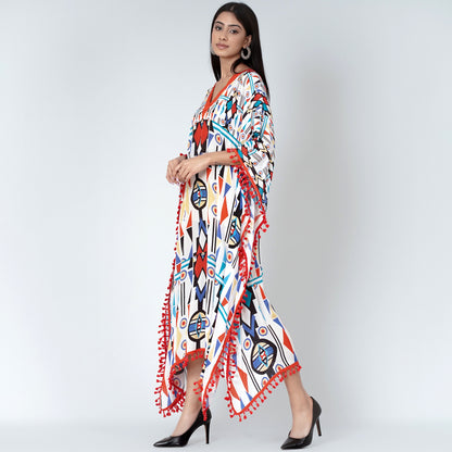 White and Orange Modern Geometric Mid Length Kaftan