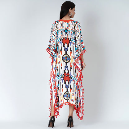 White and Orange Modern Geometric Mid Length Kaftan