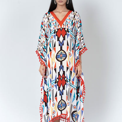 White and Orange Modern Geometric Mid Length Kaftan