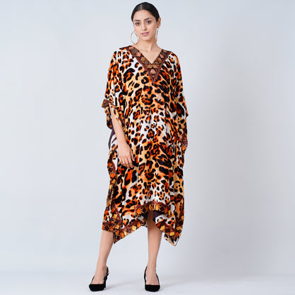 Brown Animal Print Silk Velvet Mid Length Kaftan