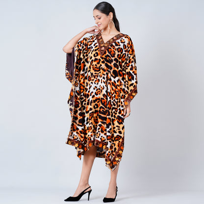 Brown Animal Print Silk Velvet Mid Length Kaftan