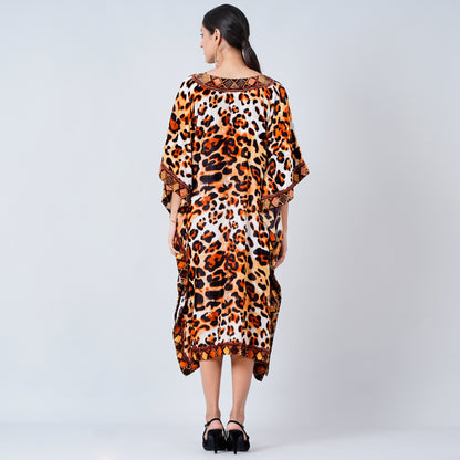 Brown Animal Print Silk Velvet Mid Length Kaftan