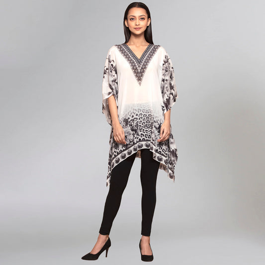 Beige Floral Mid Length Kaftan