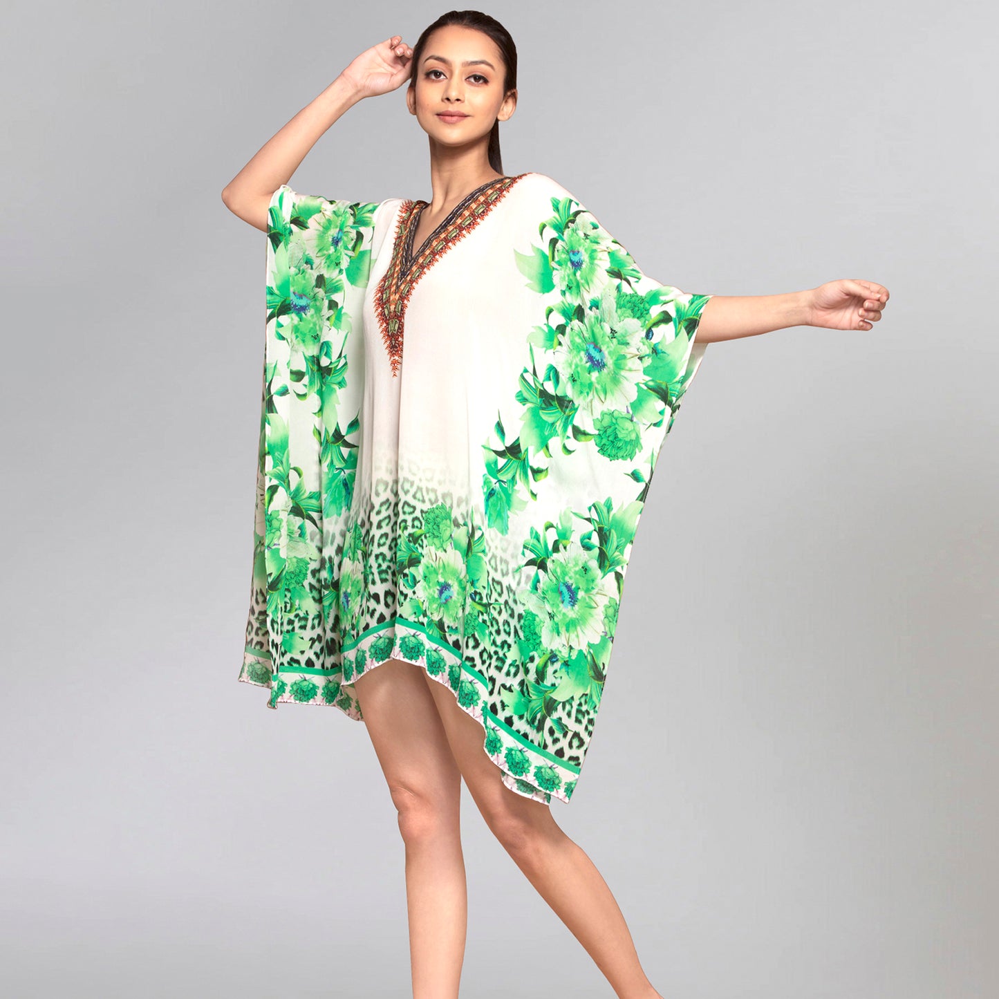 Green Floral Mid Length Kaftan