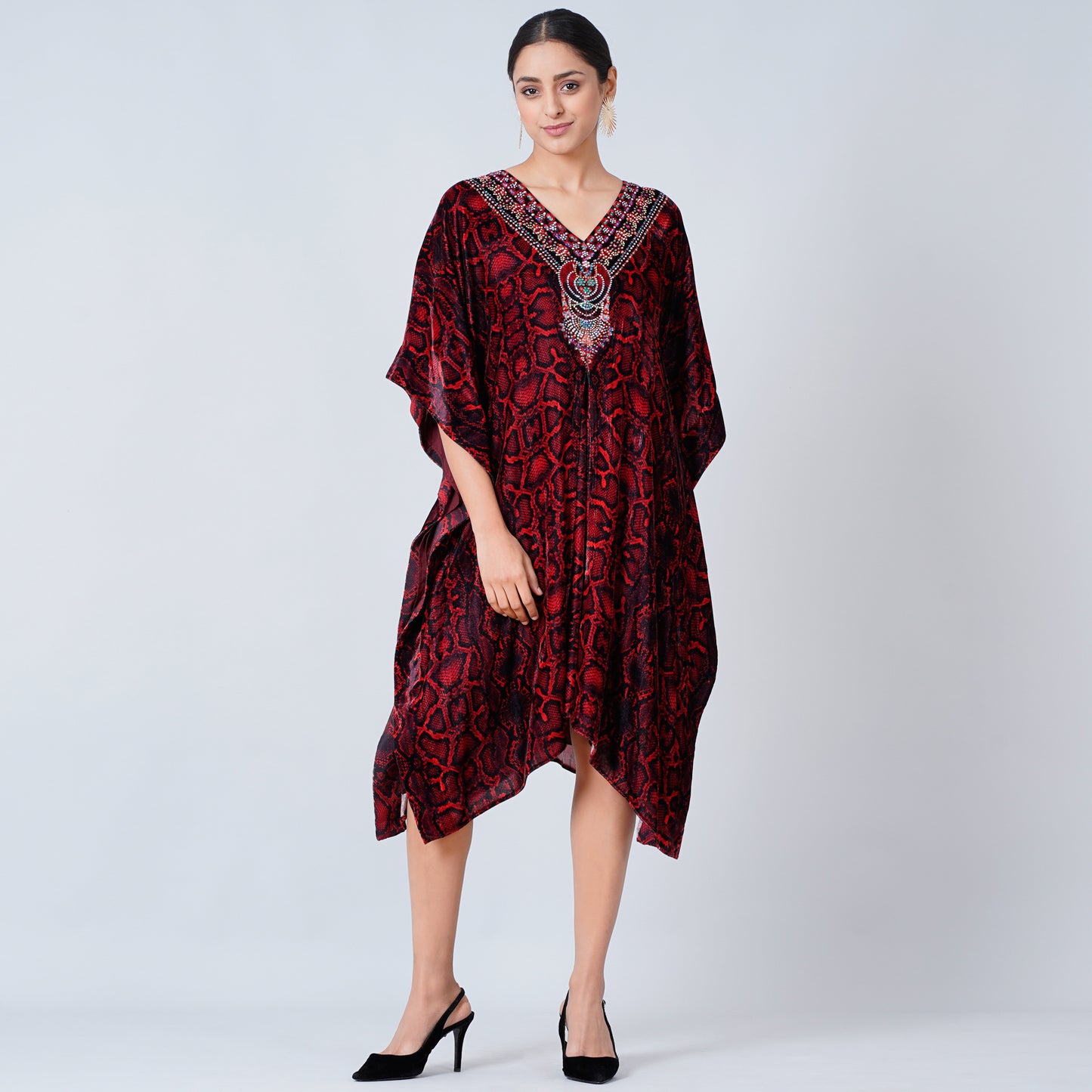Red Animal Print Silk Velvet Mid Length Kaftan