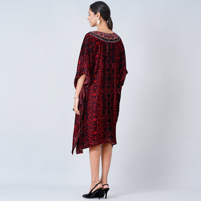 Red Animal Print Silk Velvet Mid Length Kaftan