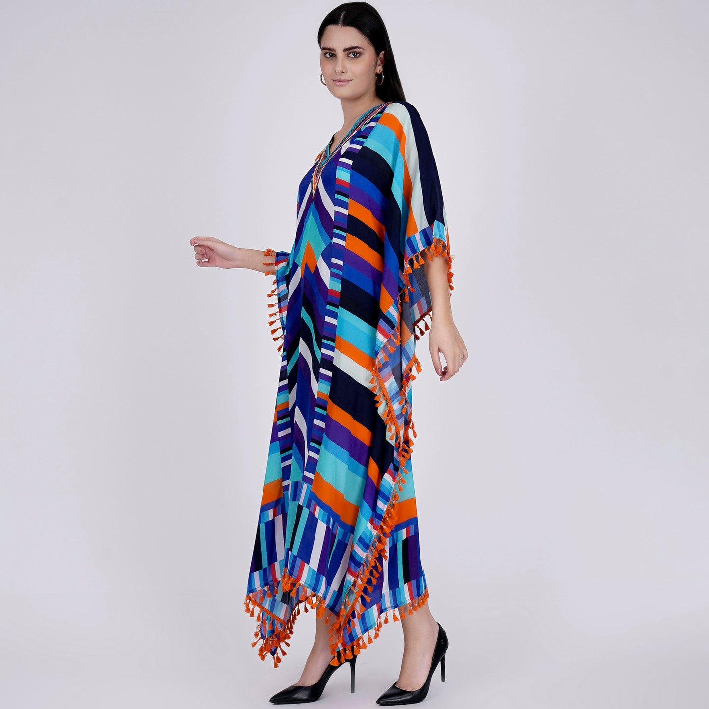 Blue and Orange Striped Mid Length Kaftan