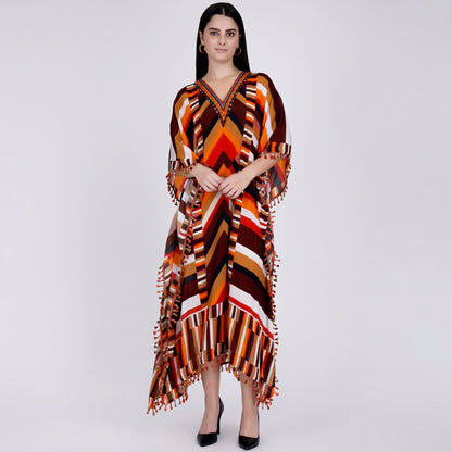 Brown and Orange Striped Mid Length Kaftan