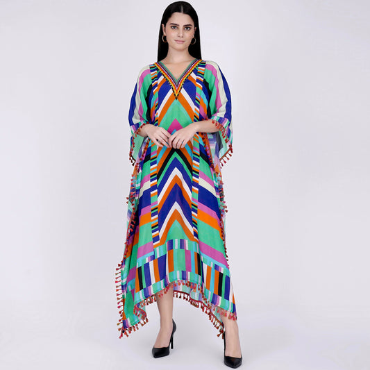 Pink and Blue Striped Mid Length Kaftan