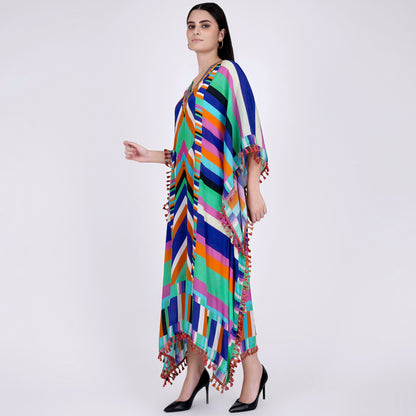 Pink and Blue Striped Mid Length Kaftan