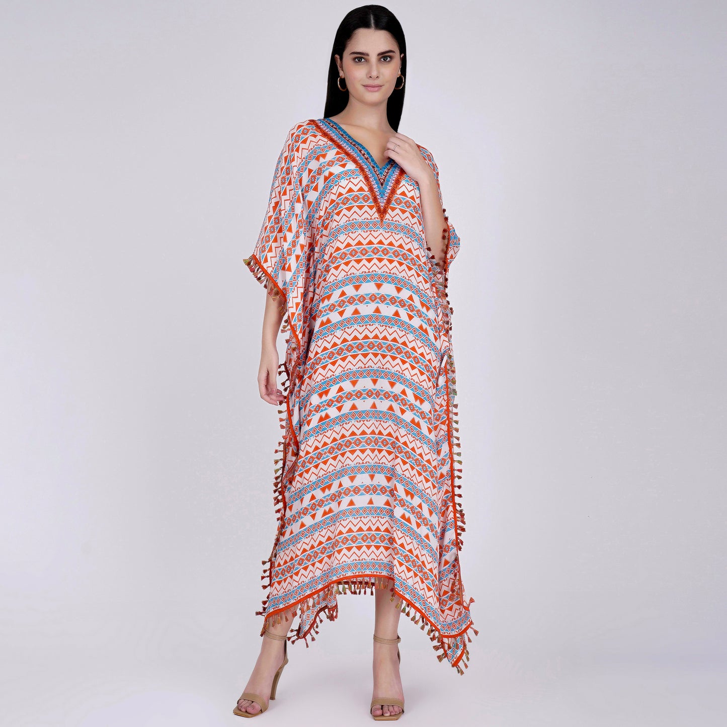 Orange and Blue Aztec Mid Length Kaftan
