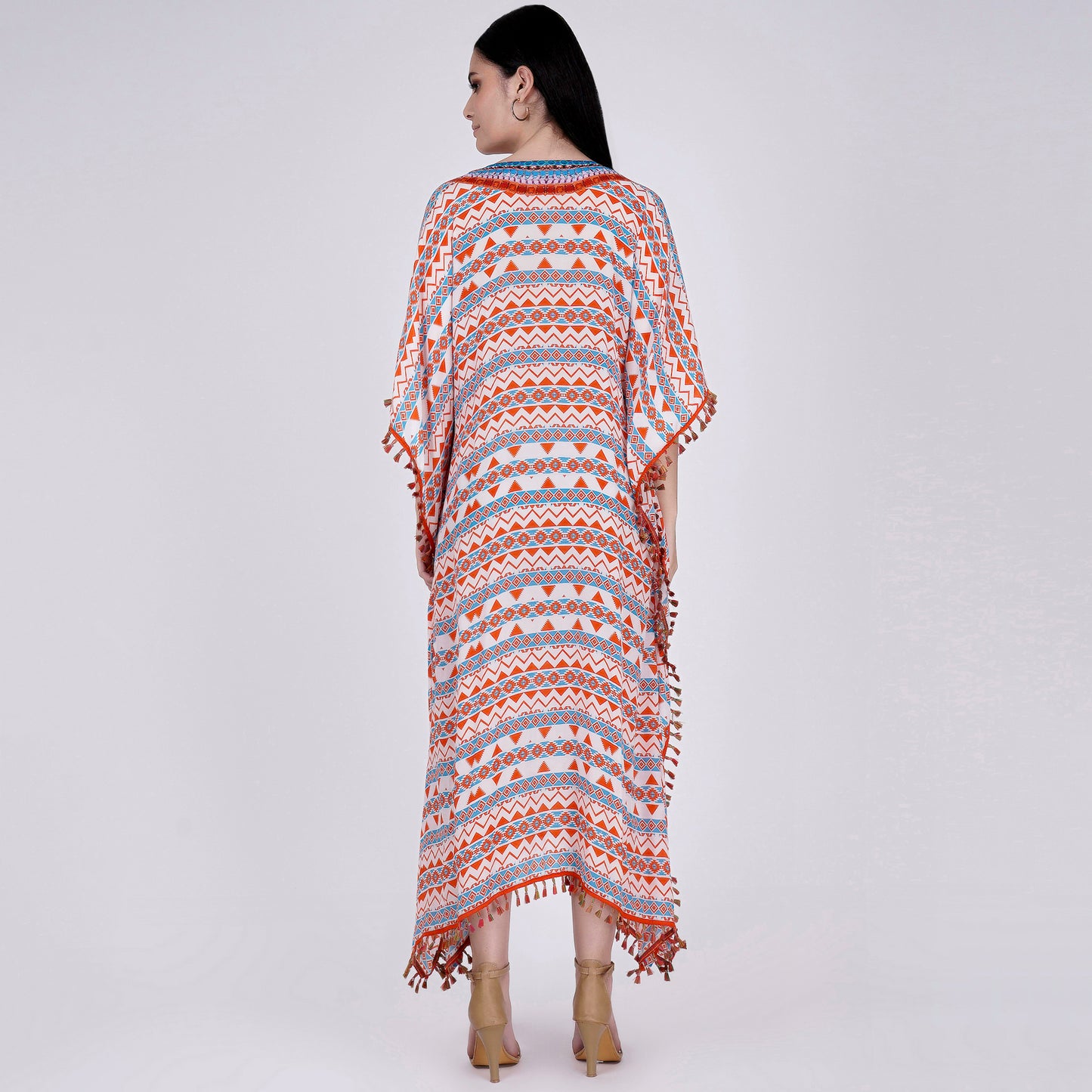 Orange and Blue Aztec Mid Length Kaftan