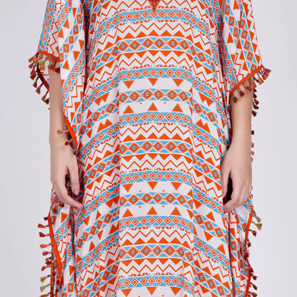 Orange and Blue Aztec Mid Length Kaftan