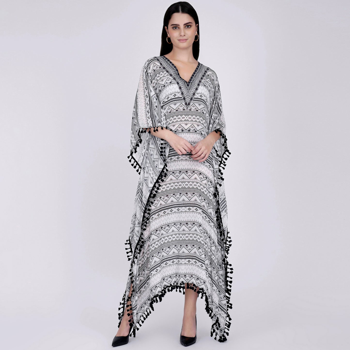 White and Grey Aztec Mid Length Kaftan